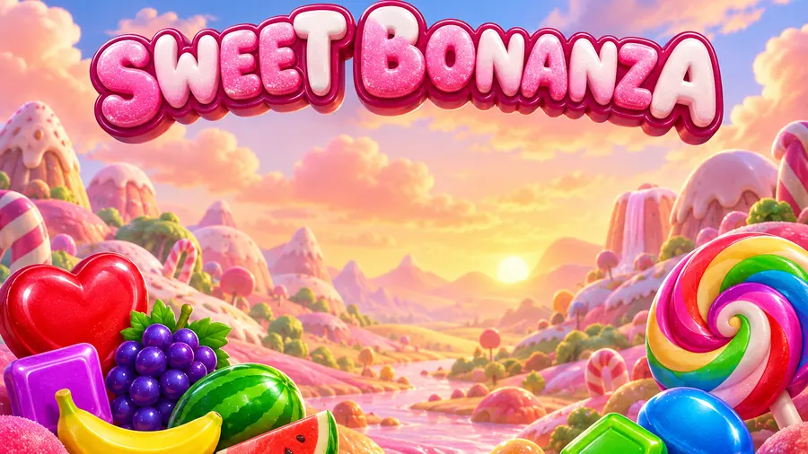 Gün batımında şeker vadisi önünde Sweet Bonanza yazısı ve renkli semboller