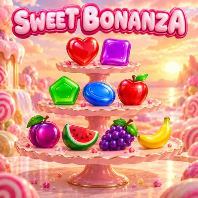 Sweet Bonanza yazısının altında pasta standına dizilmiş şeker ve meyve sembolleri